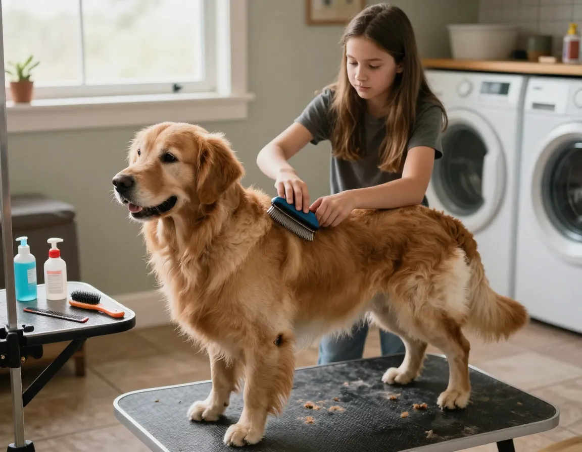 Teenager gently brushing golden retrievers coat in organized grooming area