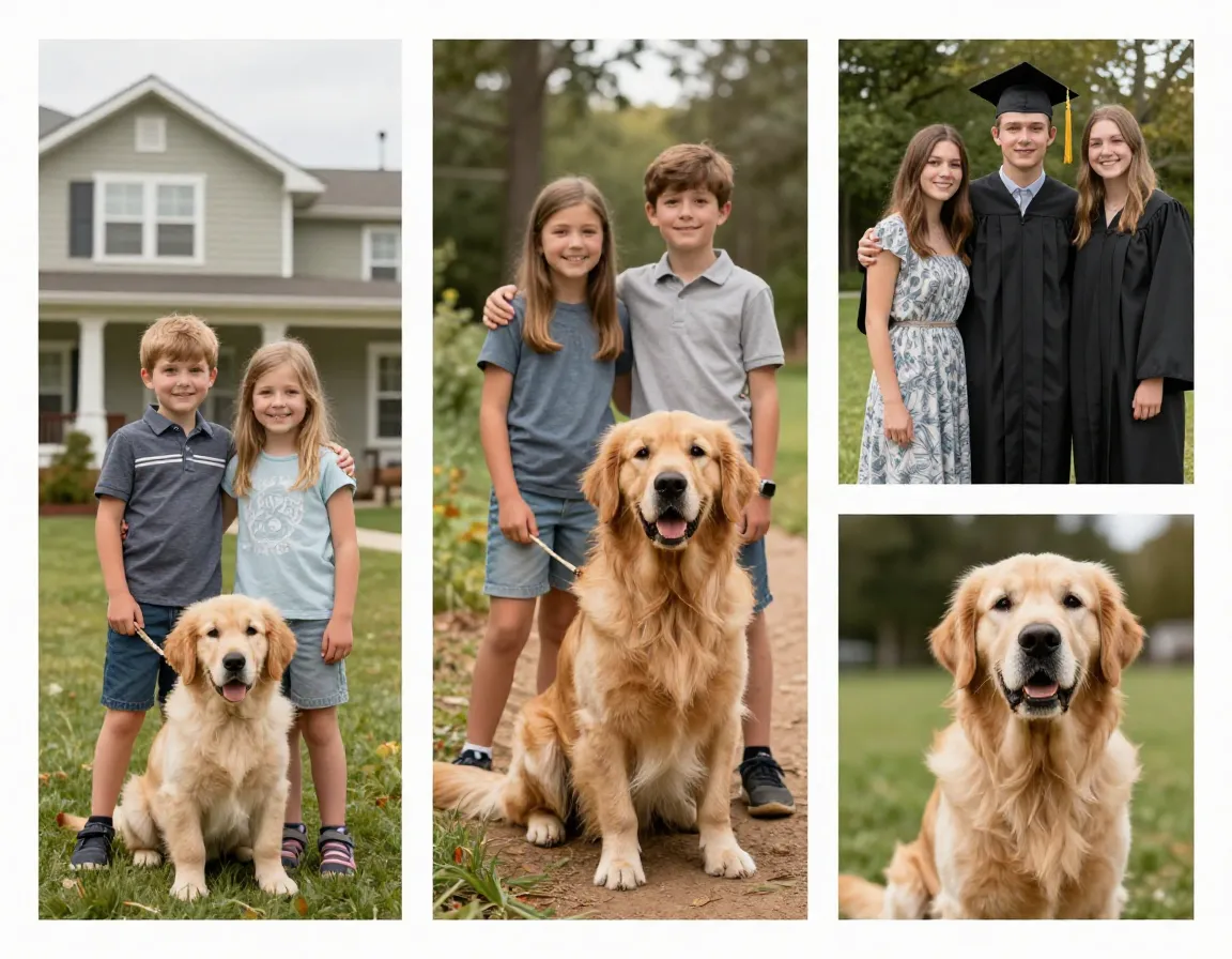Golden retriever lifespan timeline with family from puppy to senior
