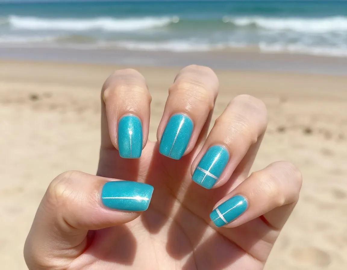 Turquoise blue brilliance vibrant summer cat eye nail polish silver stripe