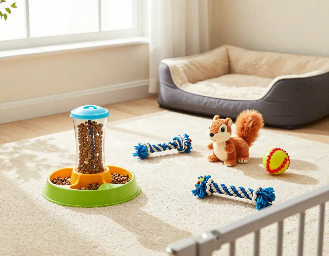 Enriched environment with puzzle feeder and rotated dog toys