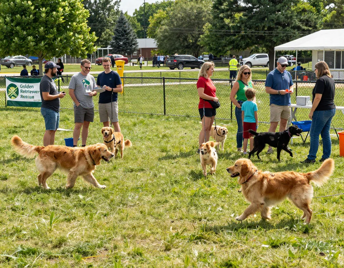 Golden retriever community meetup at dog park with owners socializing