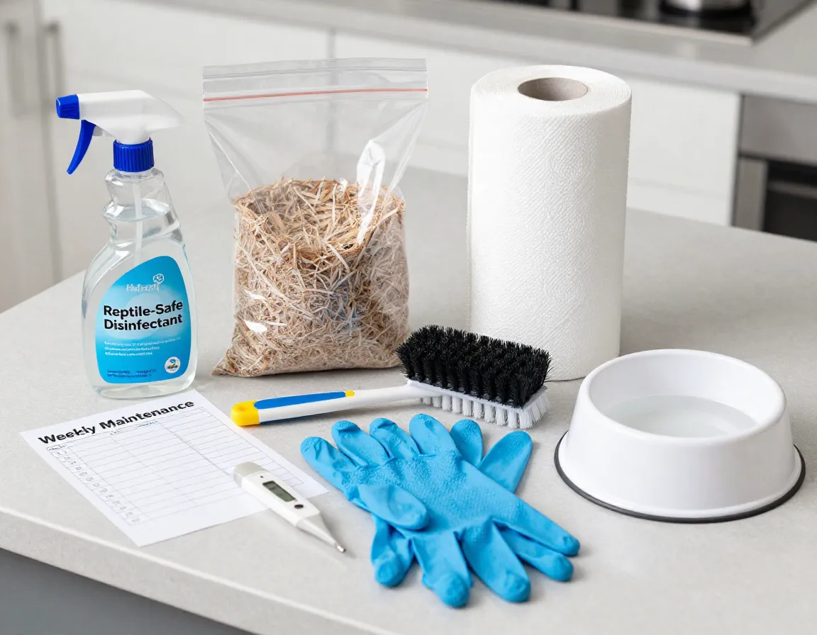 Organized reptile care supplies for enclosure cleaning and maintenance