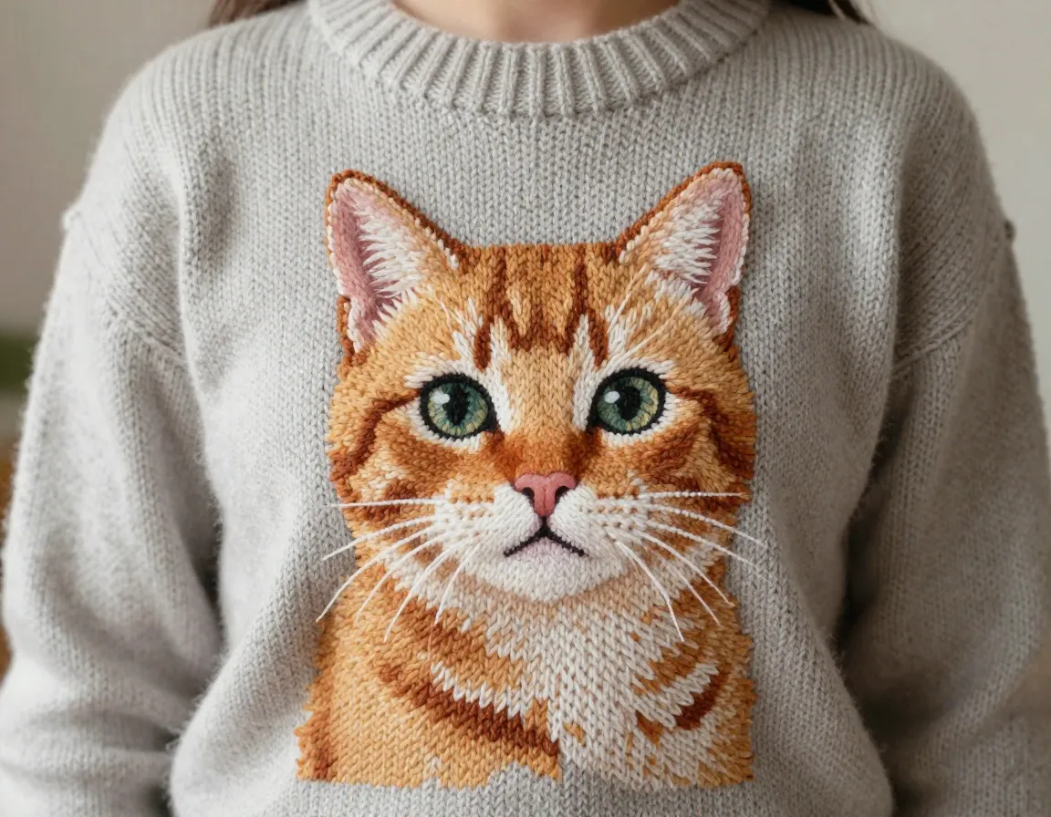 Hand knit custom portrait sweater featuring a unique personal cat likeness