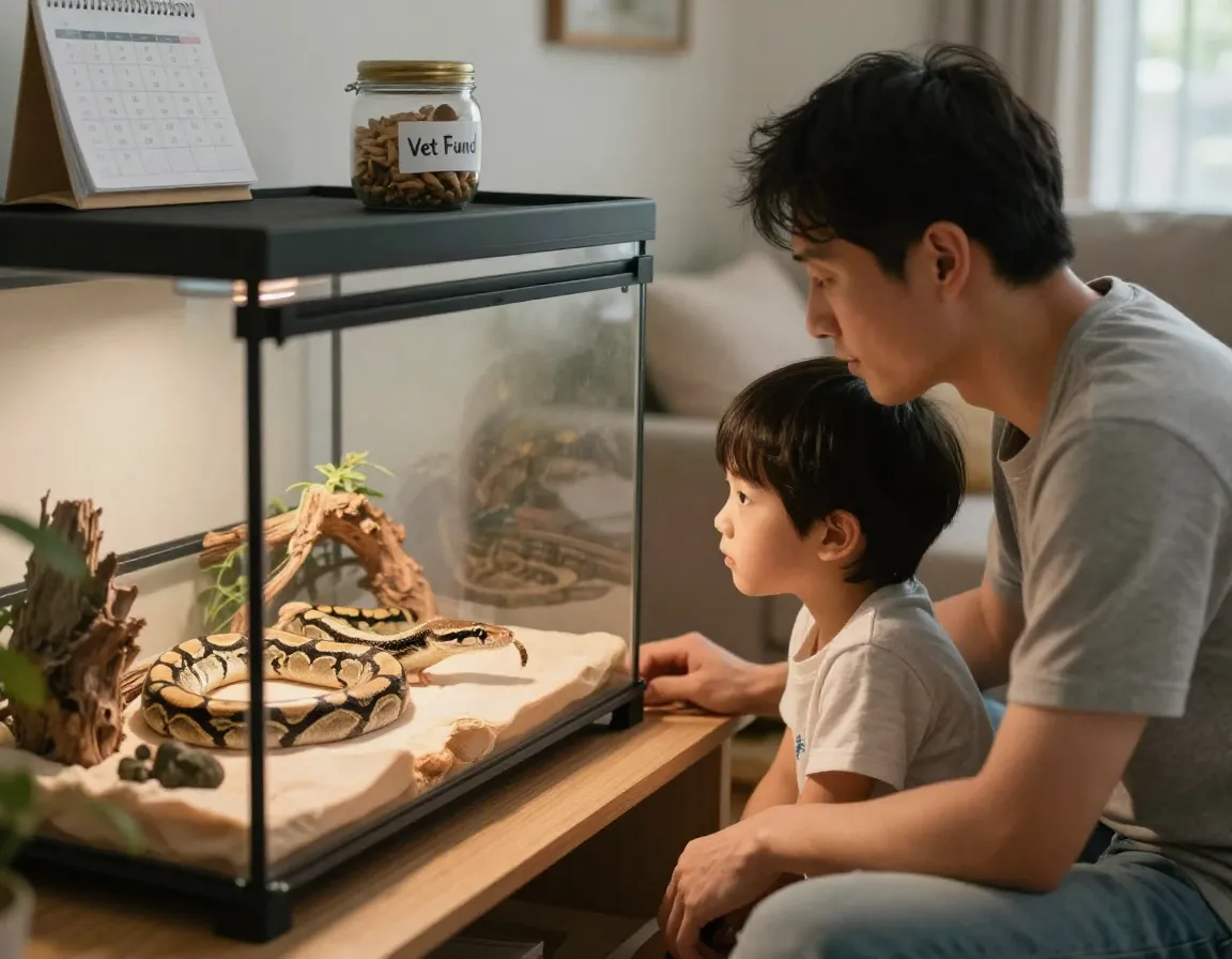 Parent and child learning about ball python care together at home