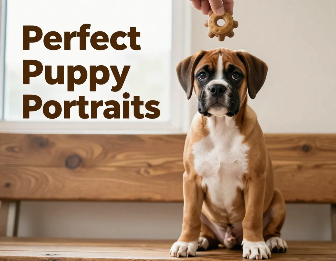 Boxer puppy sitting alert on bench with toy guiding gaze