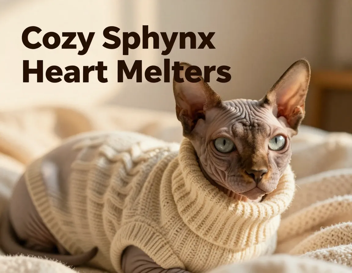 Warm sphynx cat cable knit sweater cozy portrait domestic scene