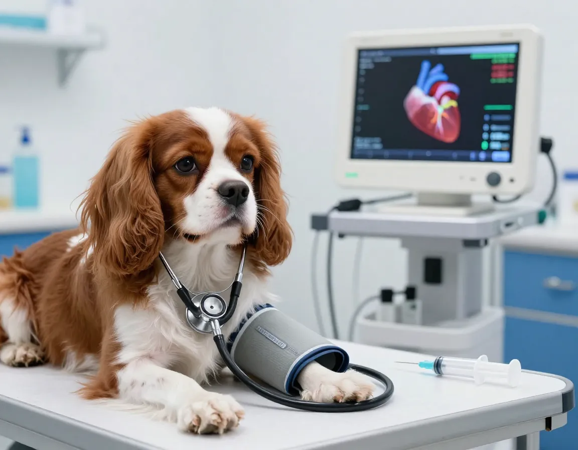 Cavalier king charles spaniel undergoing veterinary cardiac echocardiogram examination