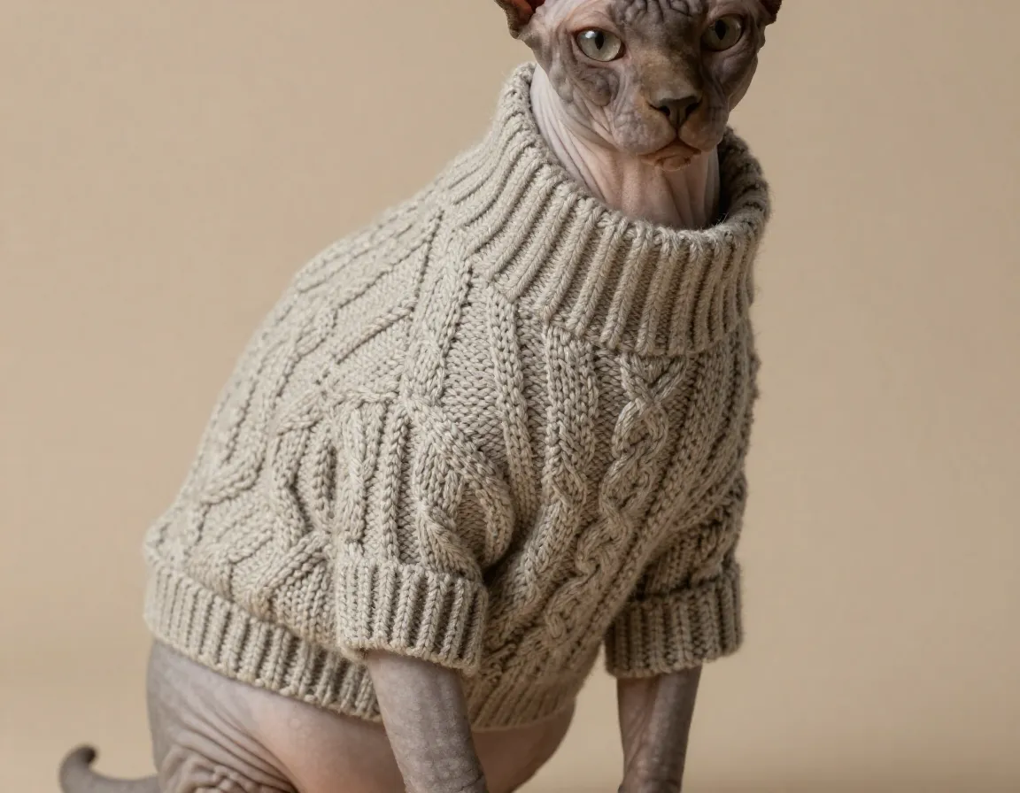 Classic cable knit pullover on cozy sphynx cat
