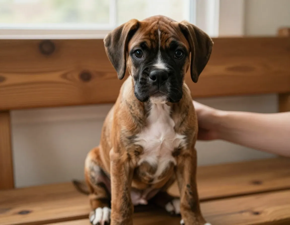 Elevated brindle boxer puppy sitting alertly on a wooden bench