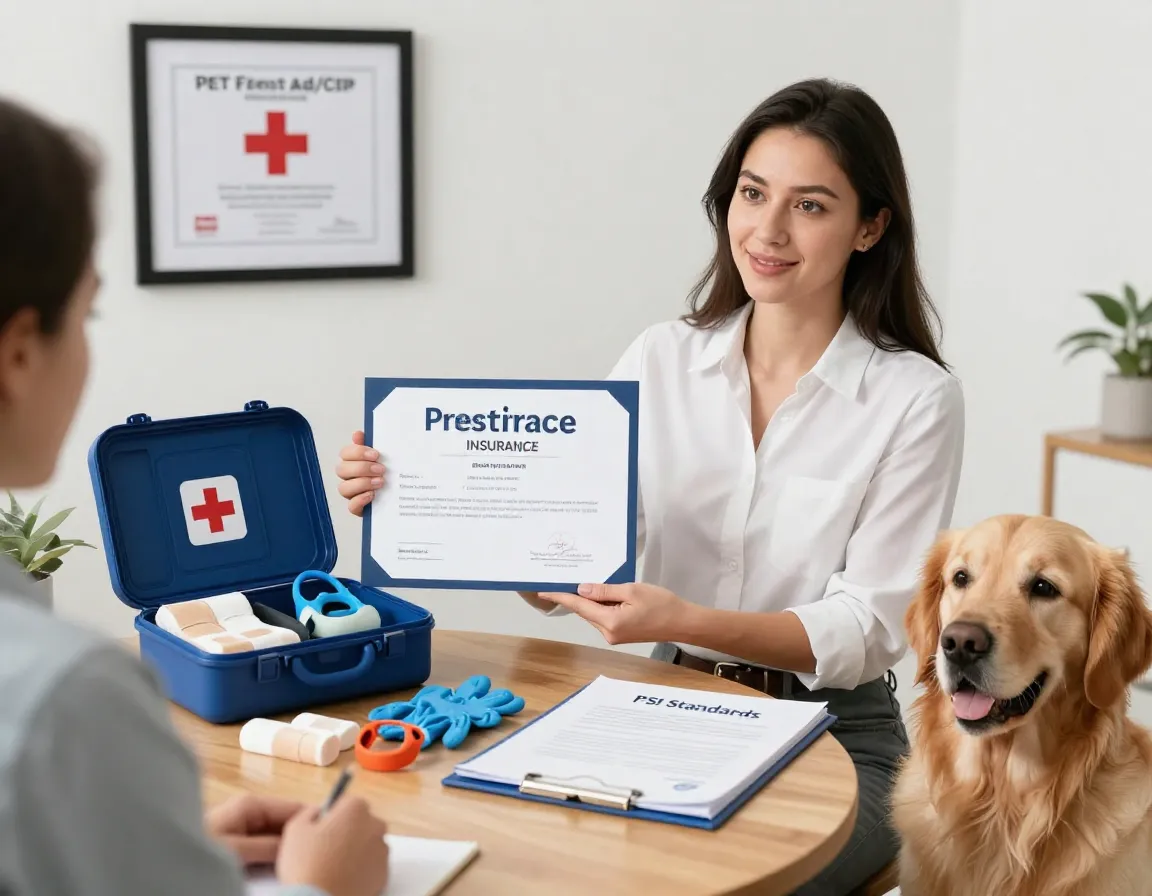 Professional pet sitter presenting insurance and first aid certifications