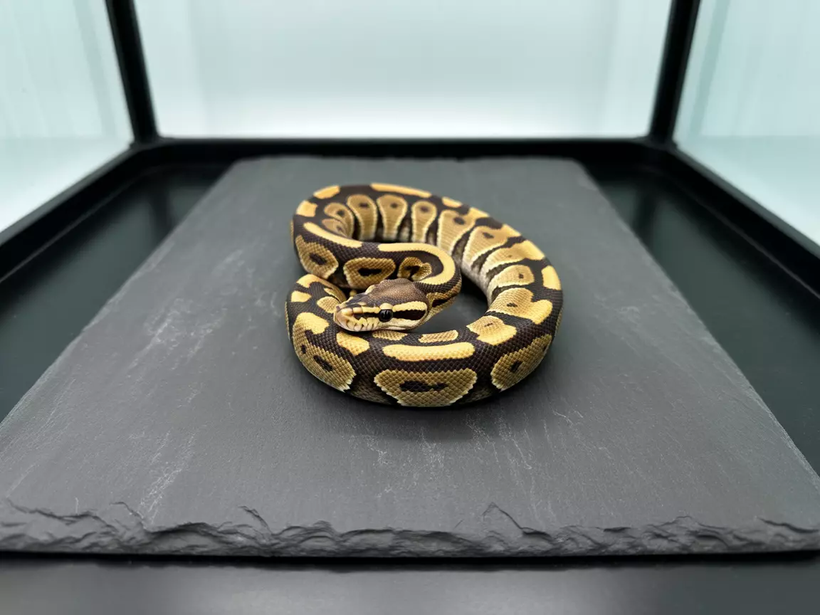 Calm ball python resting on slate basking platform