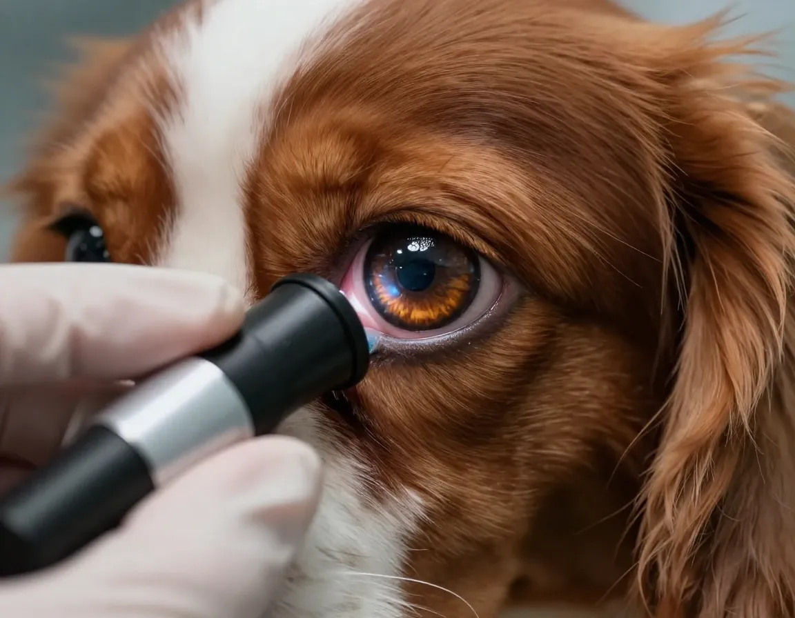 Close up macro of cavalier eye during veterinary gonioscopy examination for glaucoma