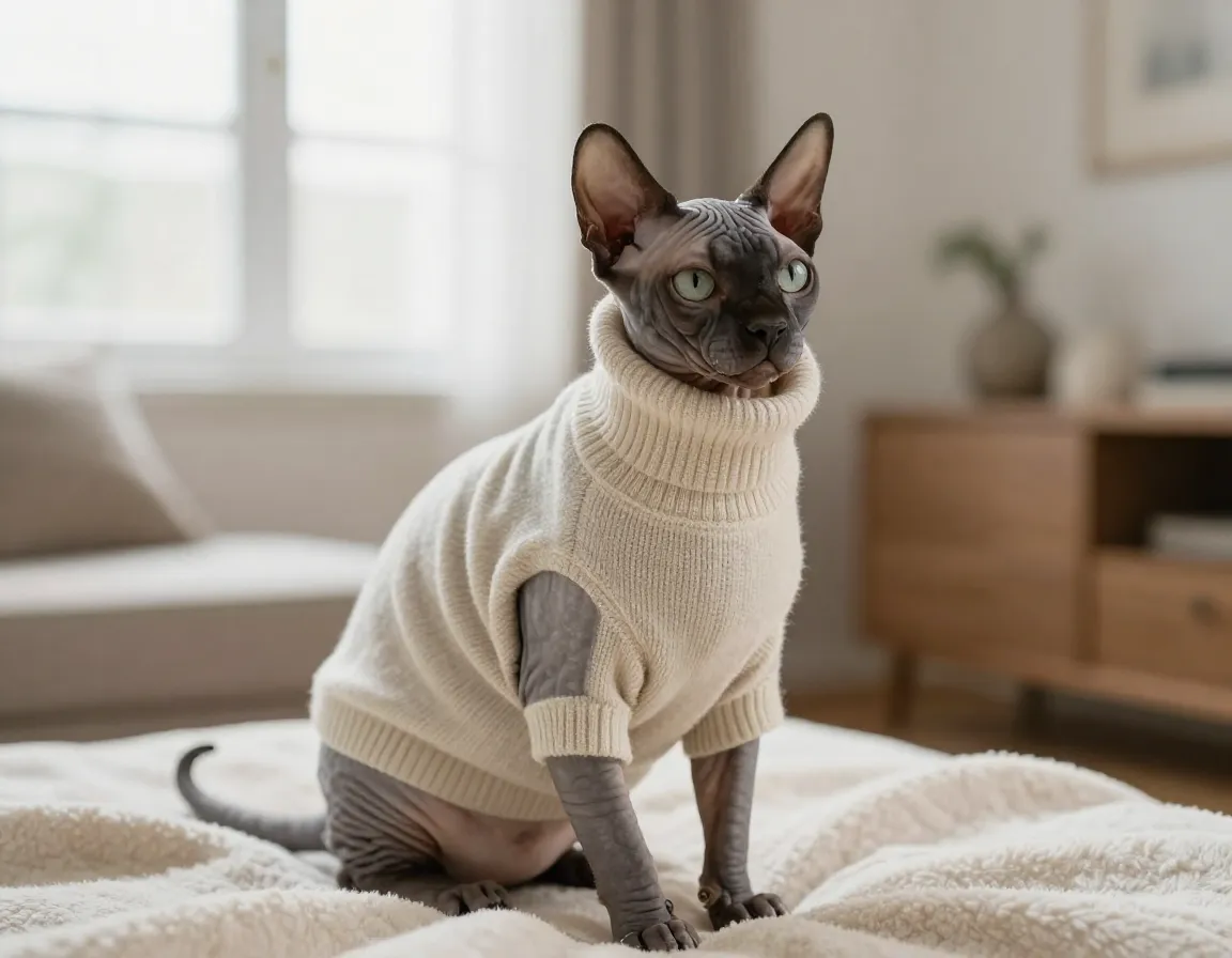 Elegant turtleneck sweater on sphynx cat in home