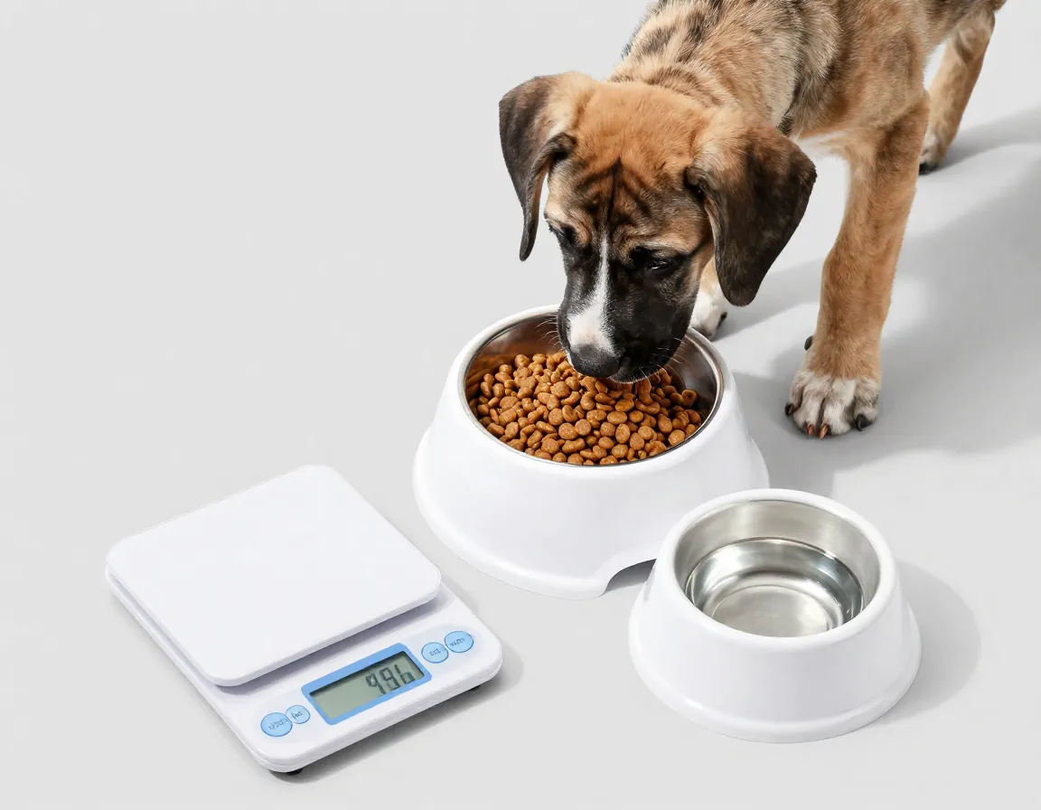 Great dane puppy eating from elevated bowl with measured food portions