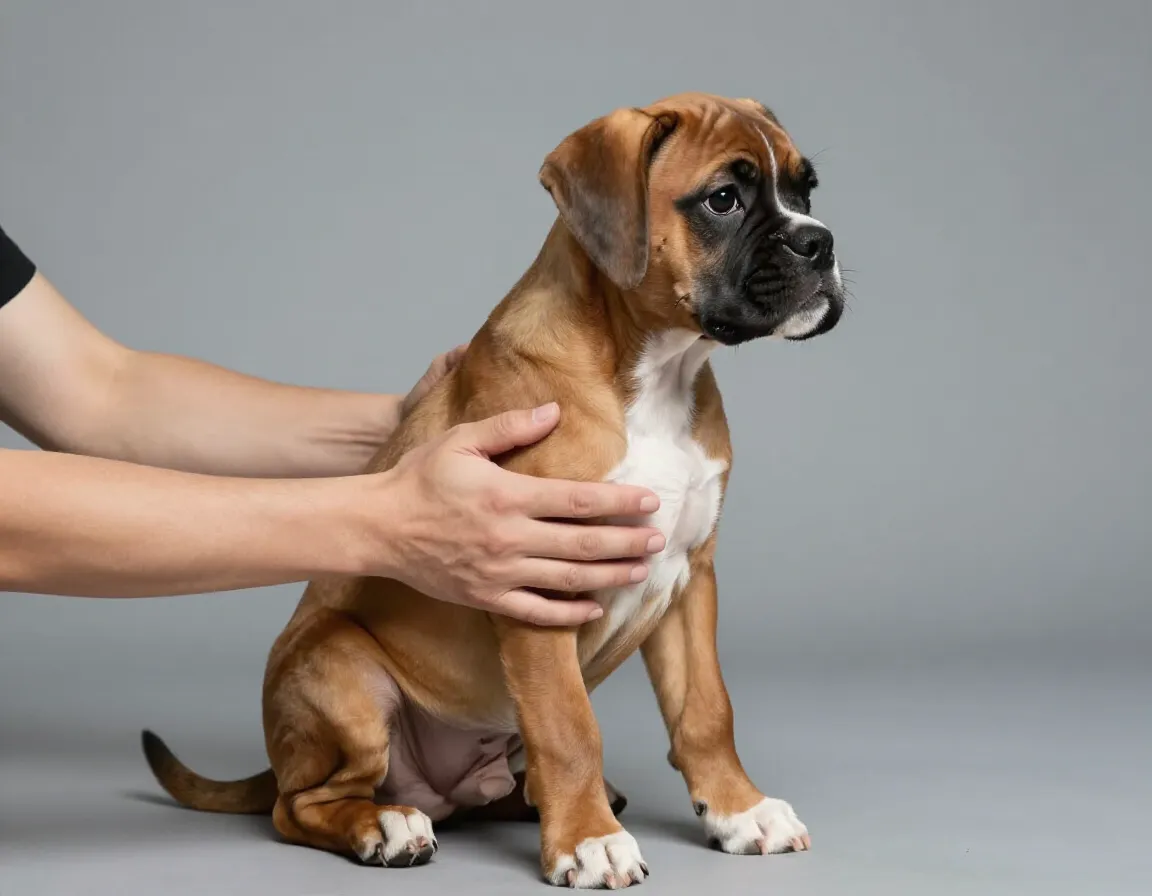 Photographer holding a sitting fawn boxer puppy with both hands