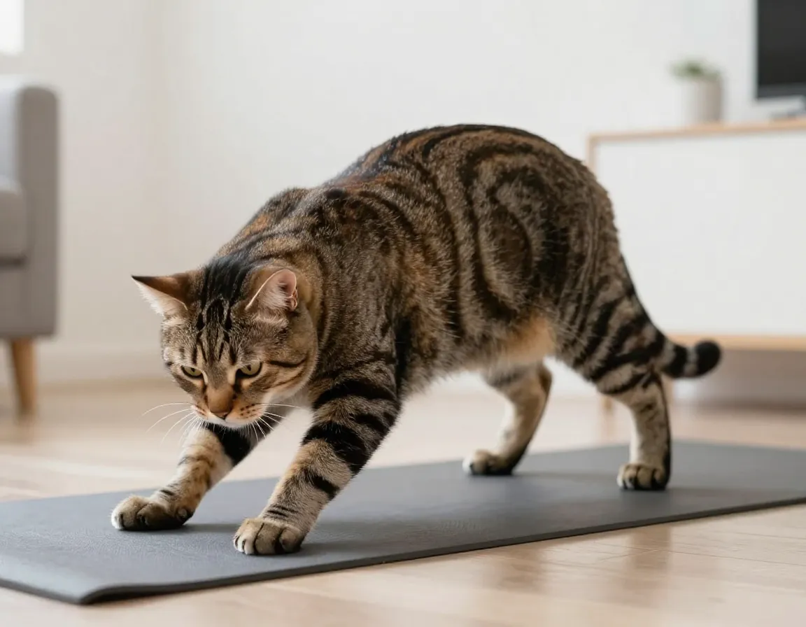 Tabby cat awkward downward dog yoga pose confusion