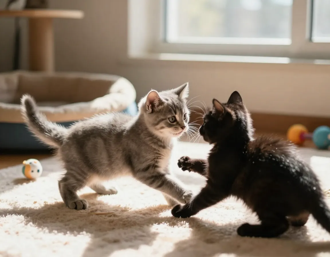 A ten week old kitten playing gently with a littermate in a sunlit room