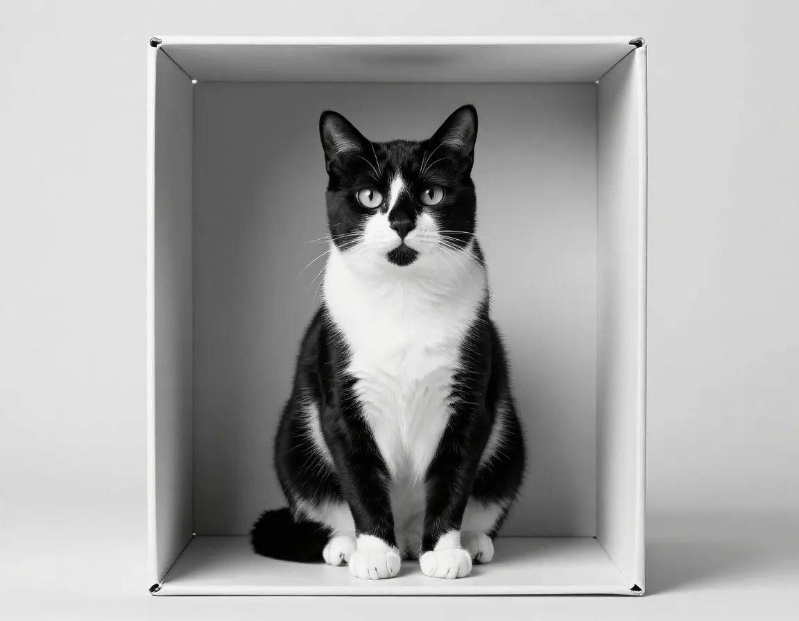 Black white tuxedo cat sitting upright invisible box