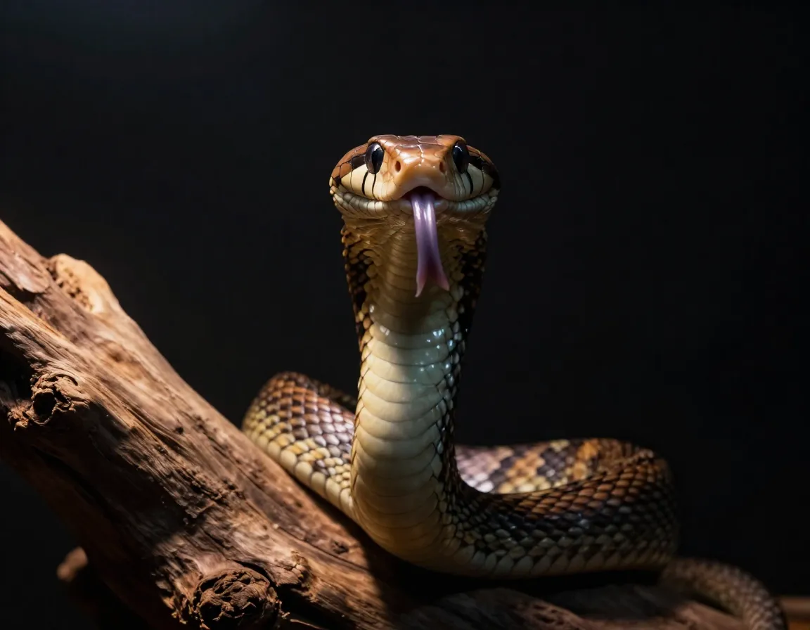 Bold confident pet snake raised head direct gaze dramatic lighting
