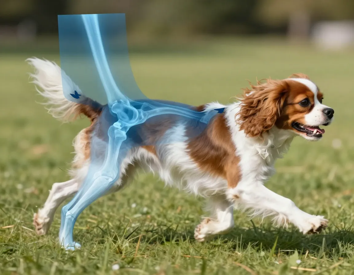 Orthopedic x ray of cavalier hip joints superimposed over dog running on grass