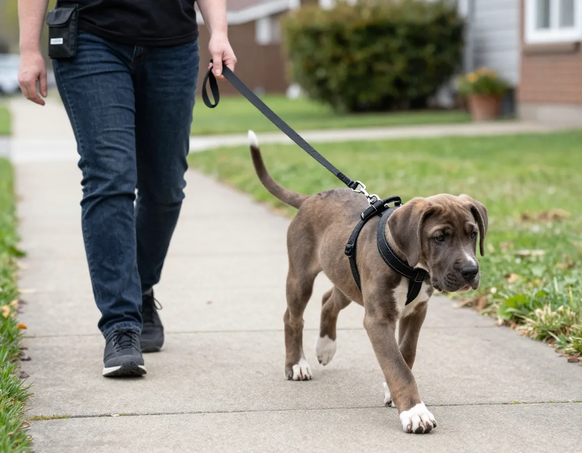 Person leash training great dane puppy with front clip harness outdoors