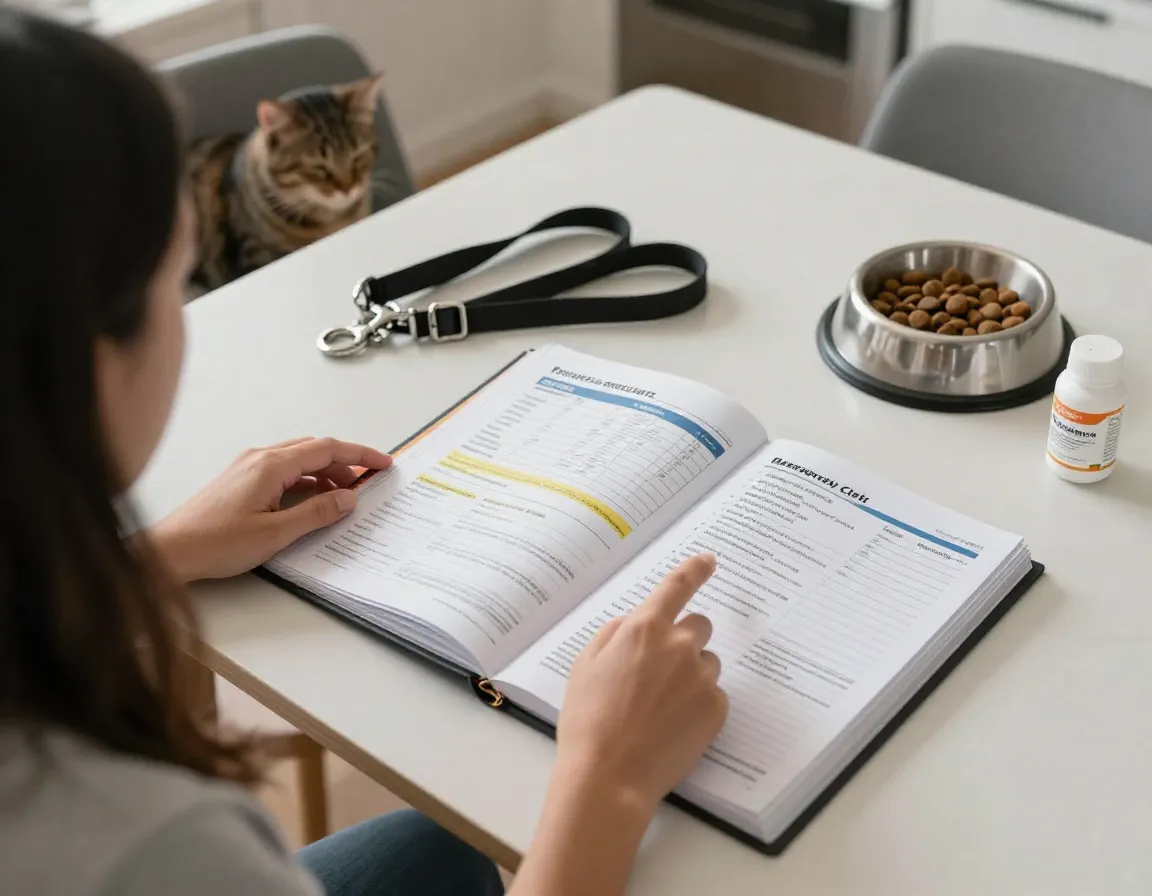 Pet owner reviewing detailed care binder with pet sitter