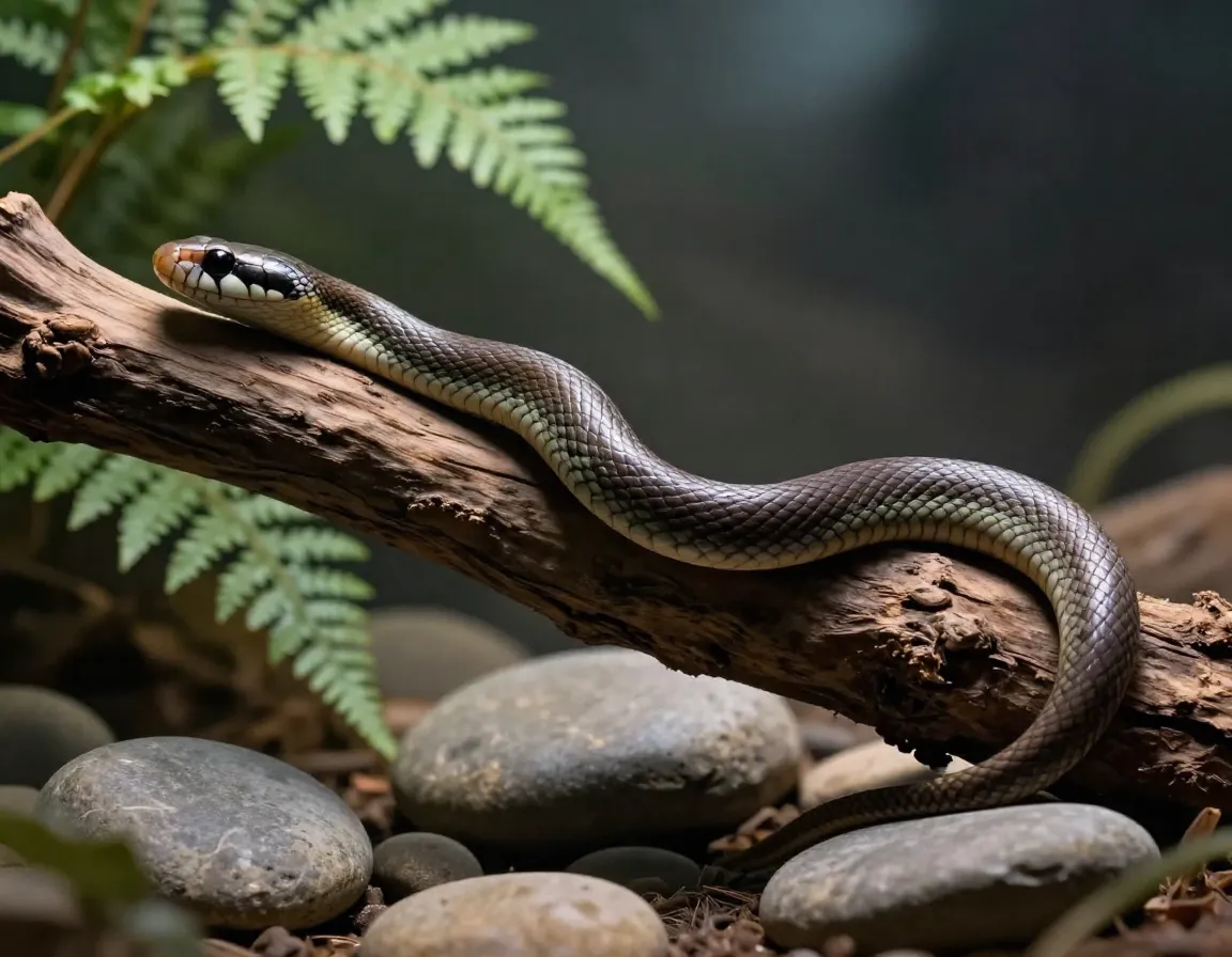 Elegant pet snake gliding smoothly branch with moss and stones