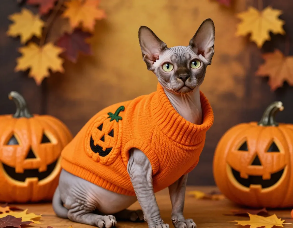 Halloween themed pumpkin sweater on playful sphynx cat