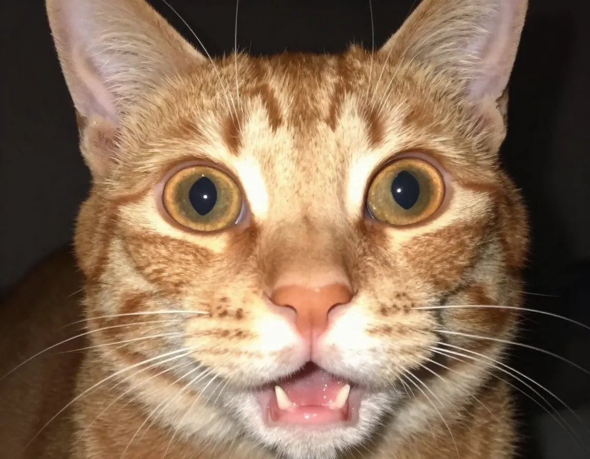 Orange tabby cat shocked selfie close up face