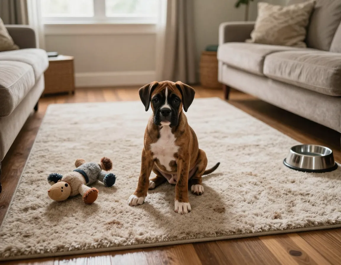 Relaxed boxer puppy sitting on a familiar living room rug