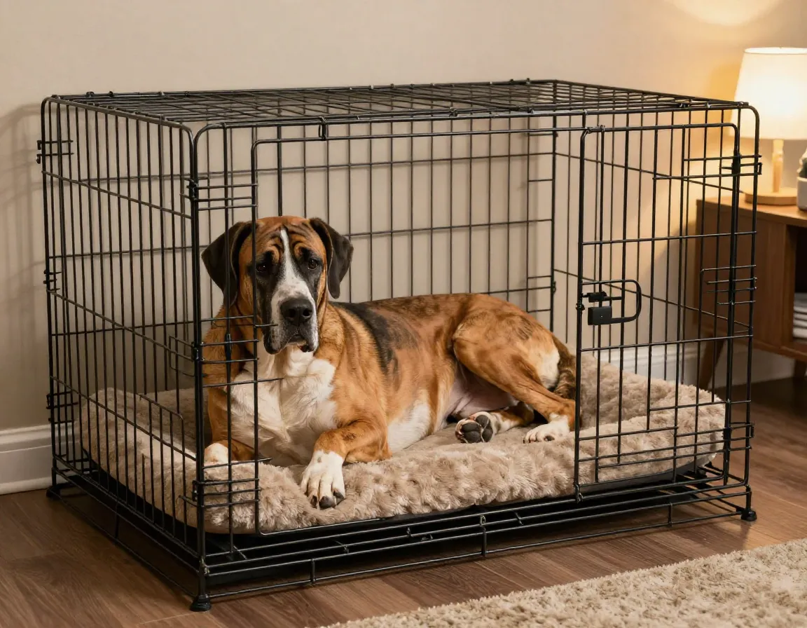 Adult great dane resting comfortably inside large wire crate