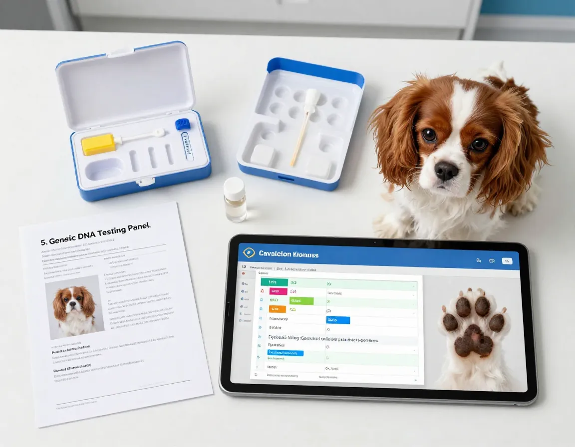 Flat lay of dog dna test kit pedigree papers and genetic report on tablet