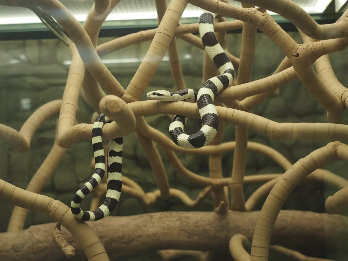 Playful kingsnake navigates cork branch structure