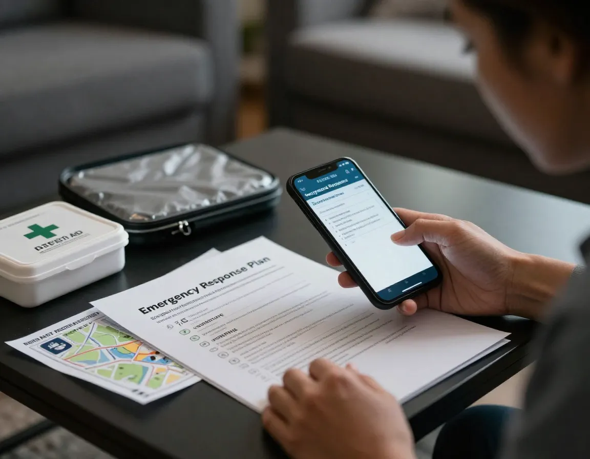 Sitter and owner reviewing emergency veterinary contact and response plan