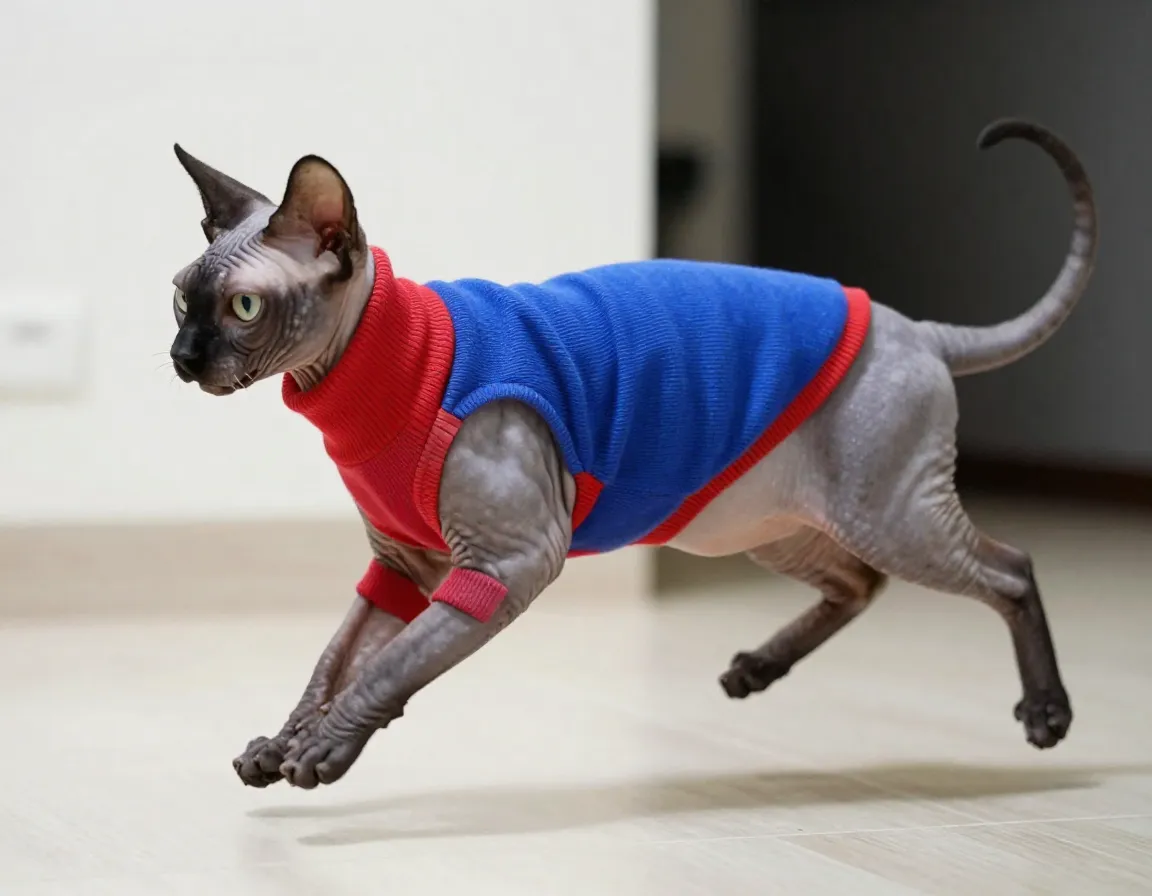 Sporty stretchy sweater on active sphynx cat playing