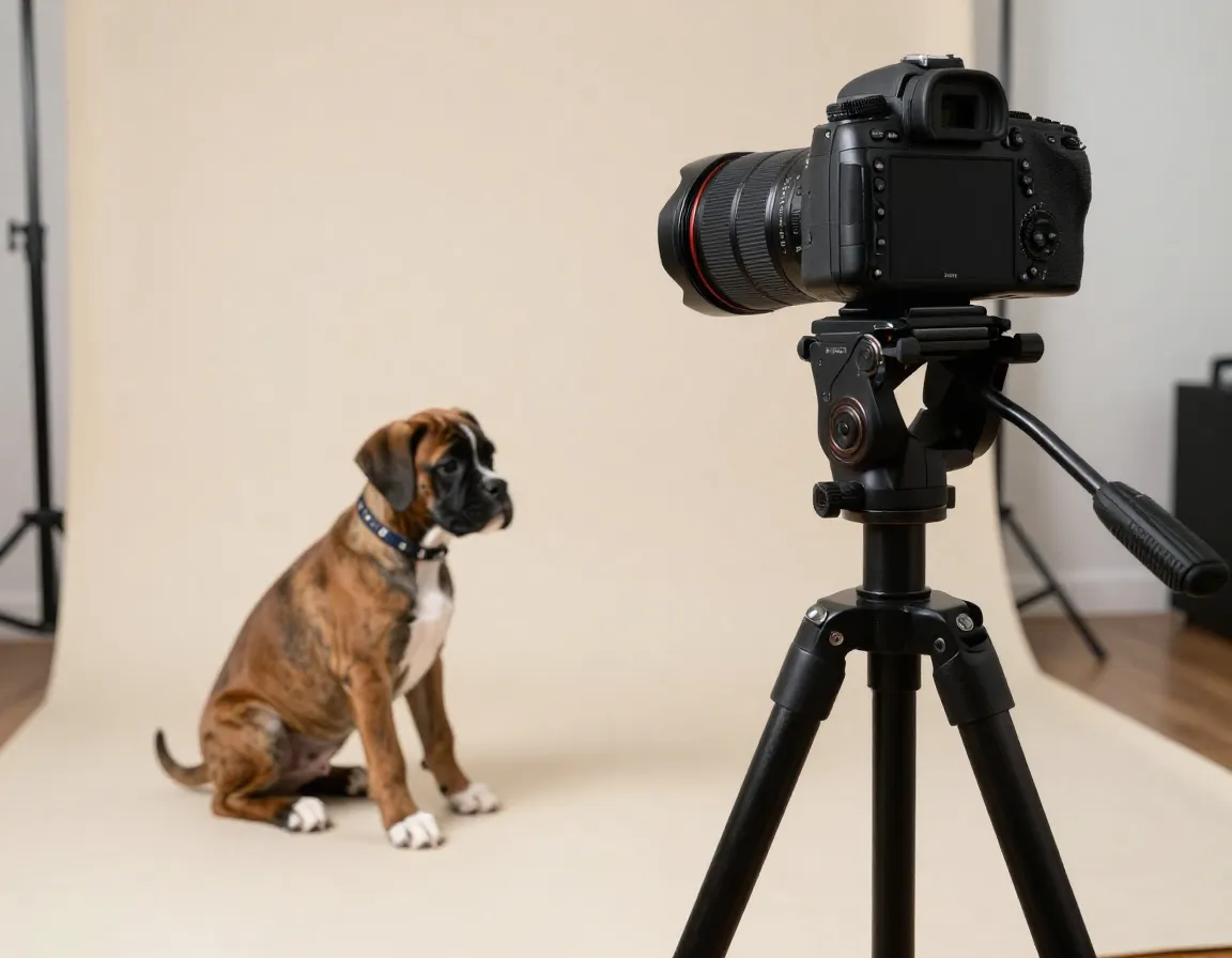 A camera on a tripod capturing a boxer puppy on a backdrop