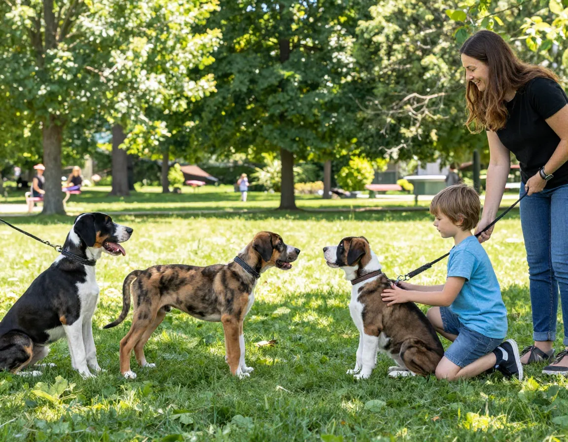 Great dane puppy socializing with child and adult dog in park