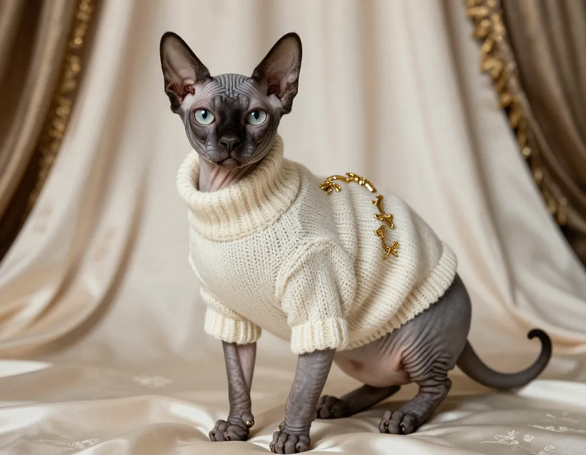 Luxury designer sweater on regal sphynx cat in boudoir