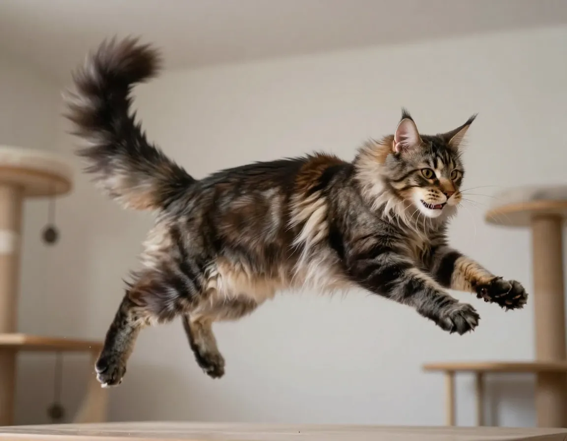 Maine coon cat frozen mid leap awkward acrobatic pose