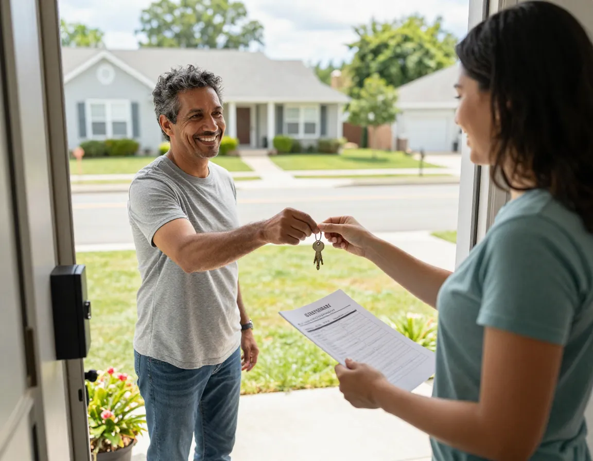 Pet sitter receiving spare house key from trusted neighbor outside