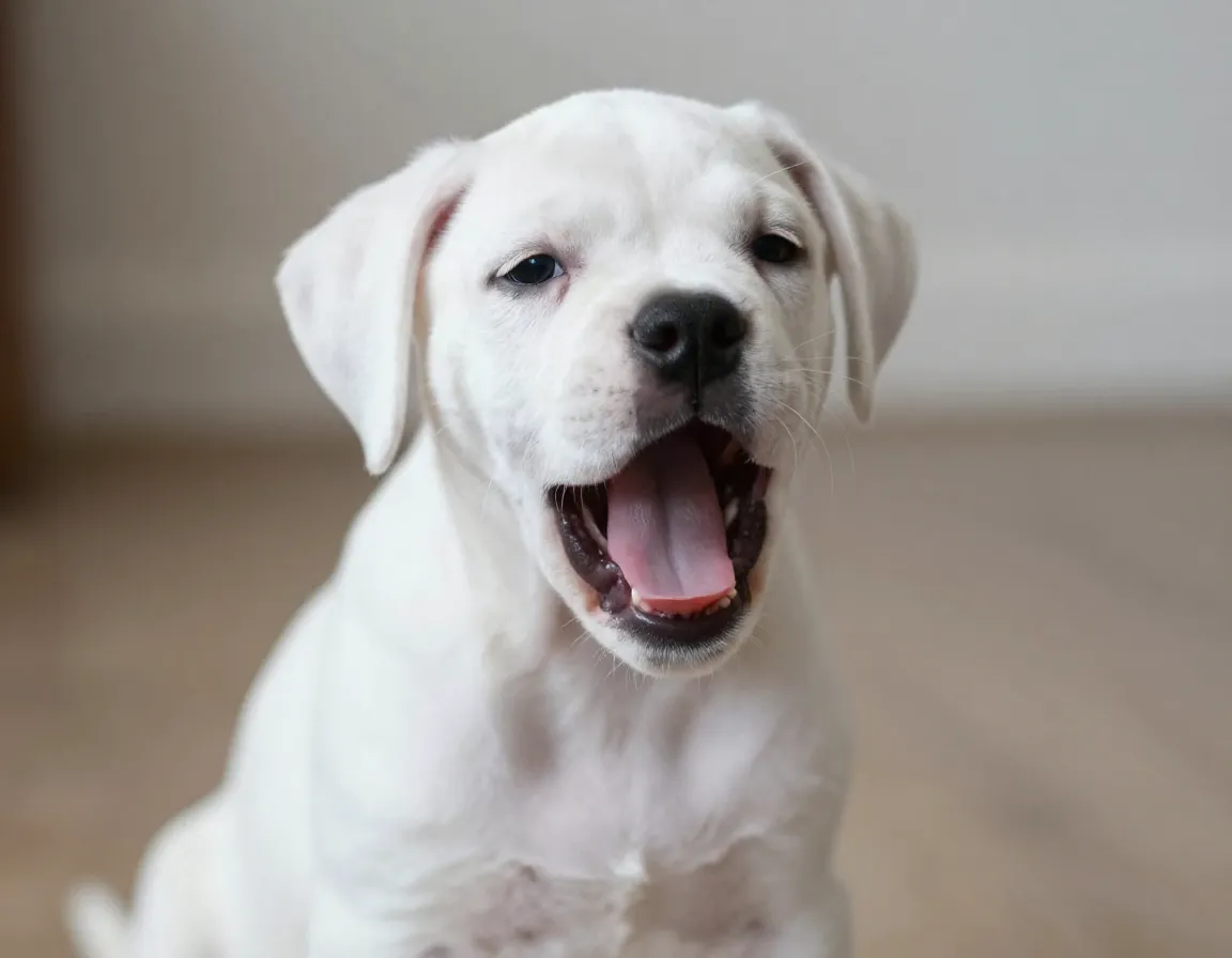 A boxer puppy captured mid yawn during a calm moment