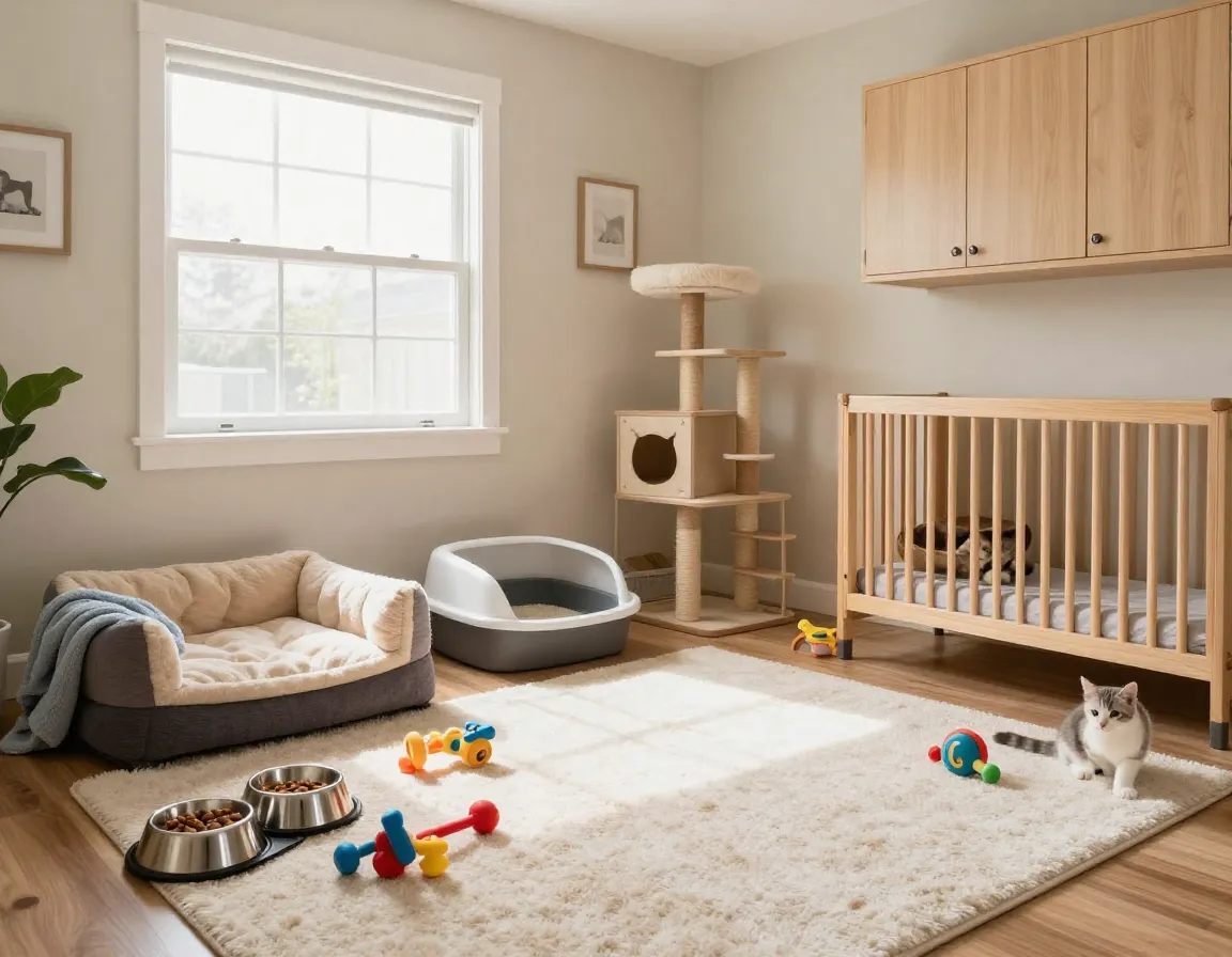 A fully stocked kitten proofed home nursery with food toys and bed