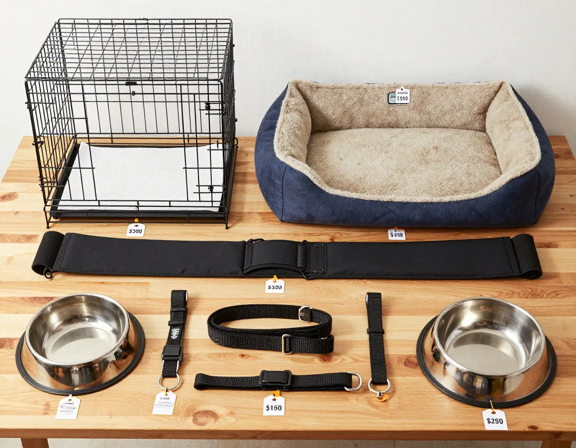Collection of oversized dog equipment with price tags on table