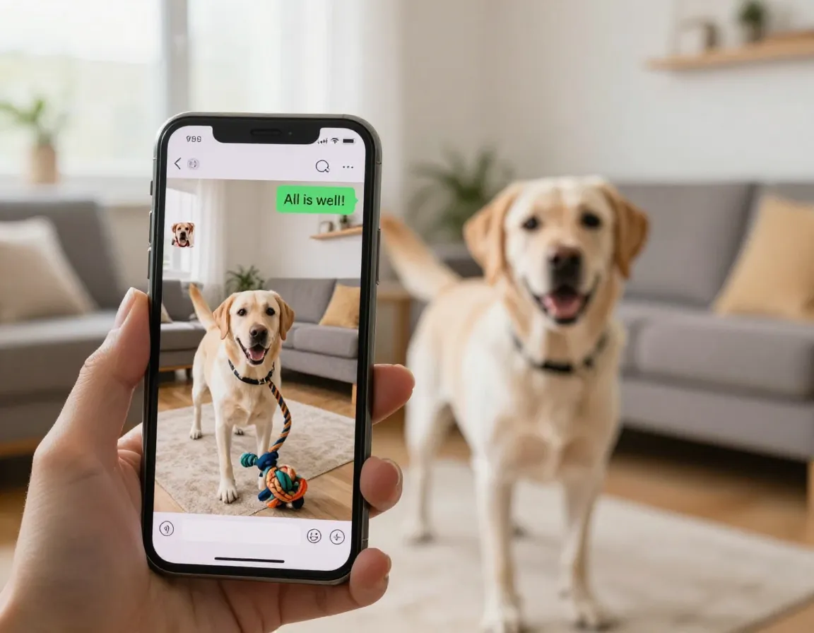 Pet sitter sending happy dog photo update to absent owner
