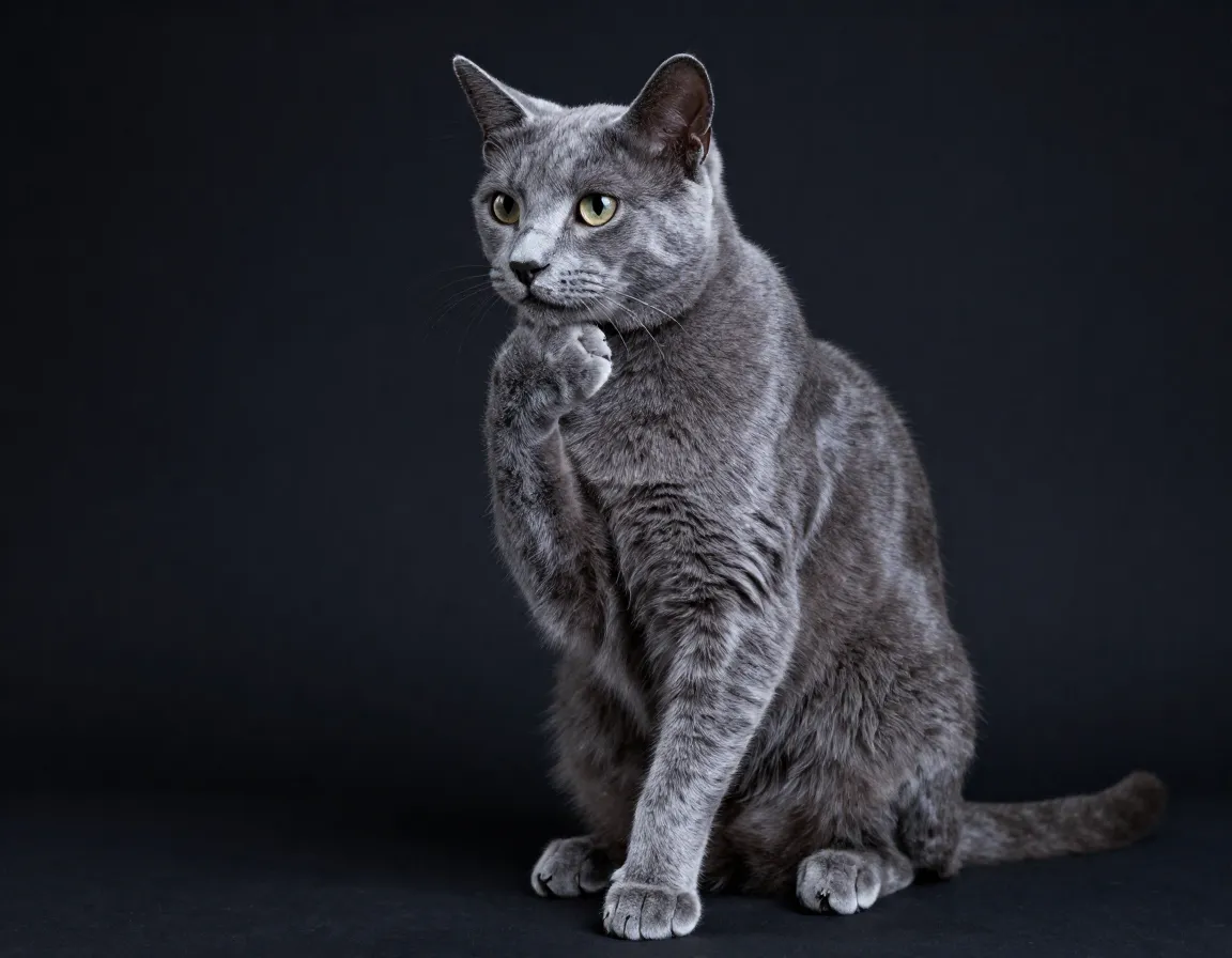 Russian blue cat rodins thinker pose contemplating