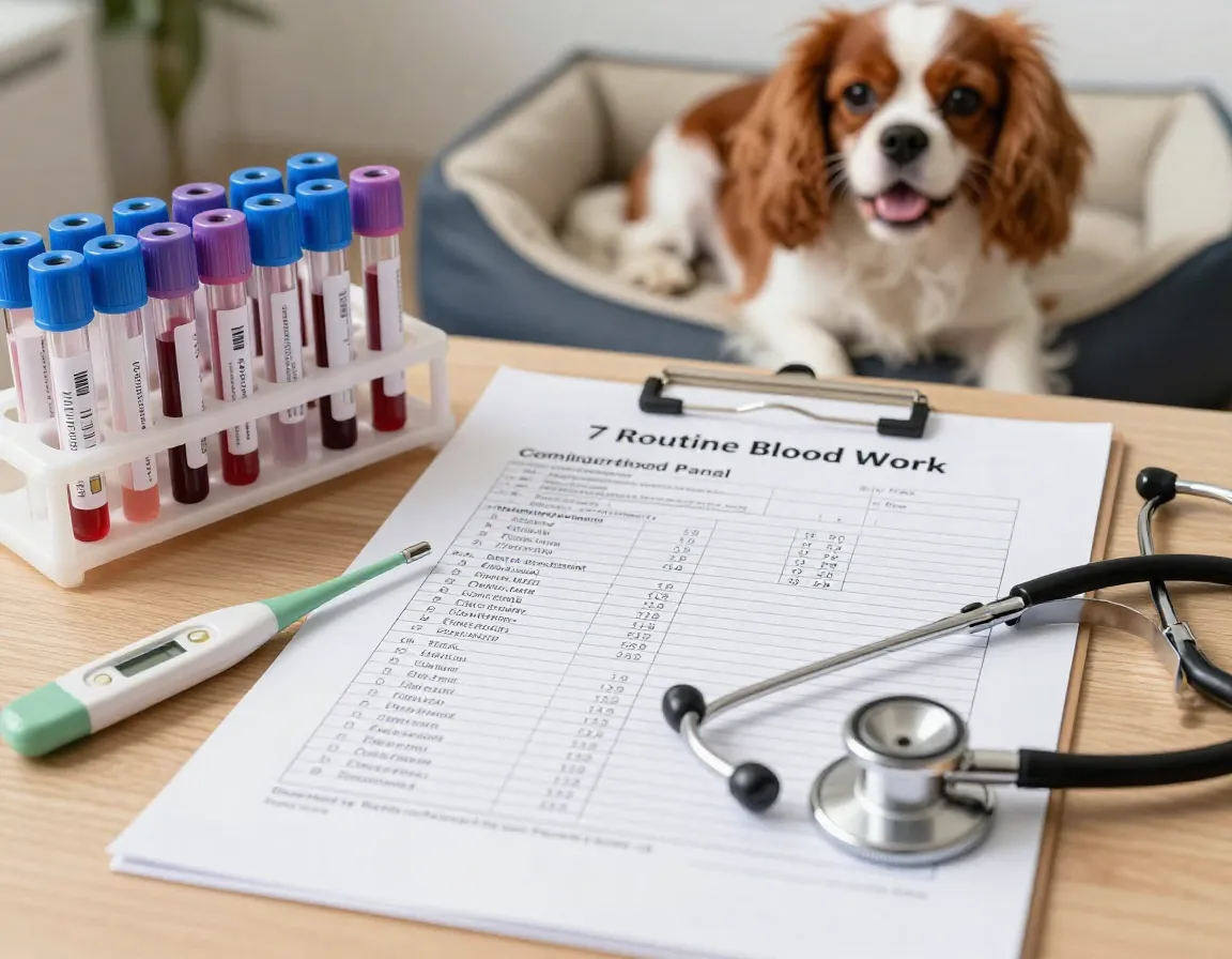 Veterinary blood work report sample tubes and stethoscope for dog wellness