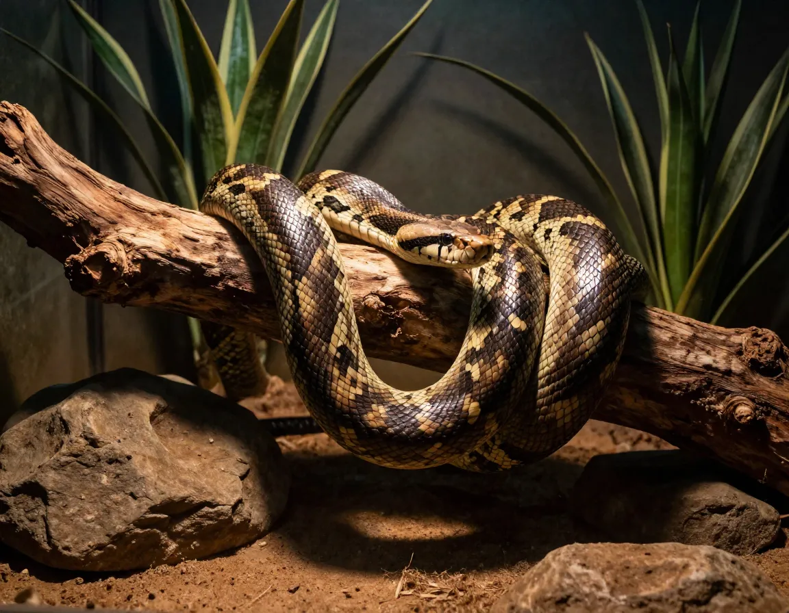 Strong pet snake muscular body coiled branch rocks plants