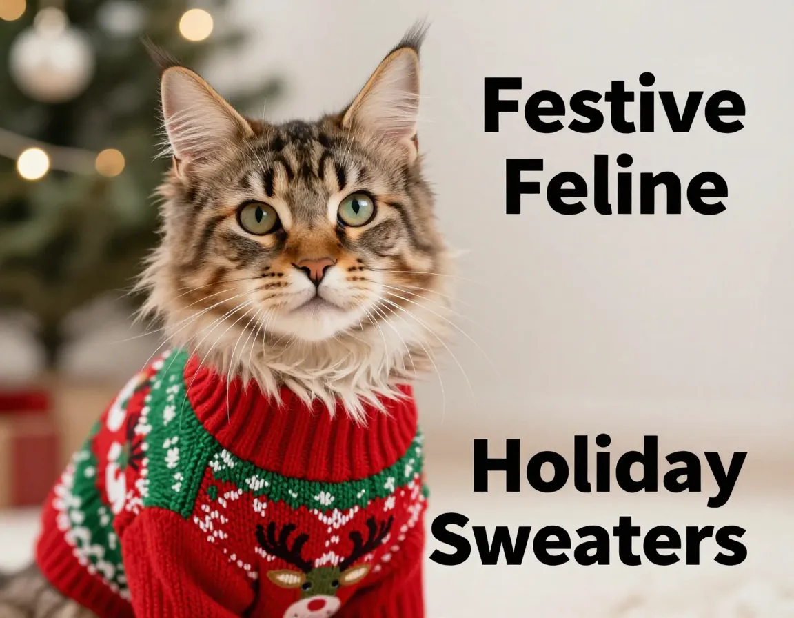 Fluffy cat wearing festive christmas sweater holiday portrait