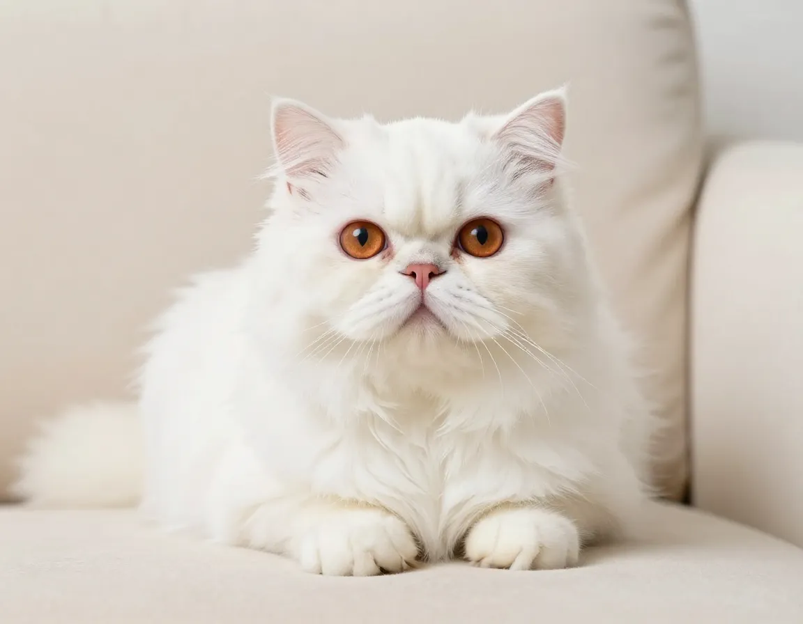 Elegant adult persian cat resting calmly on plush sofa indoors