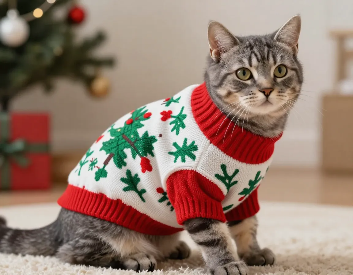 Gray tabby cat wearing frisco mistletoe print sweater in cozy indoor setting